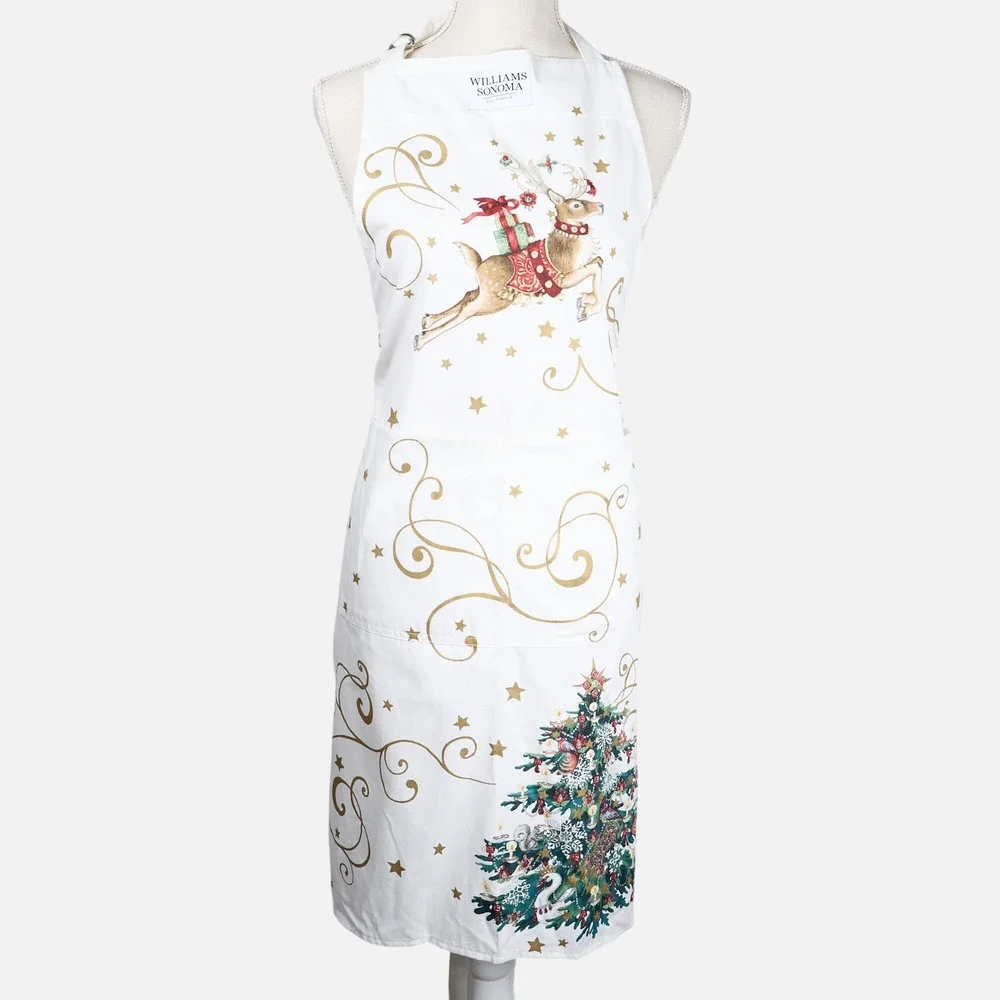 Williams Sonoma Twas the Night Before Christmas Apron White Gold Reindeer New